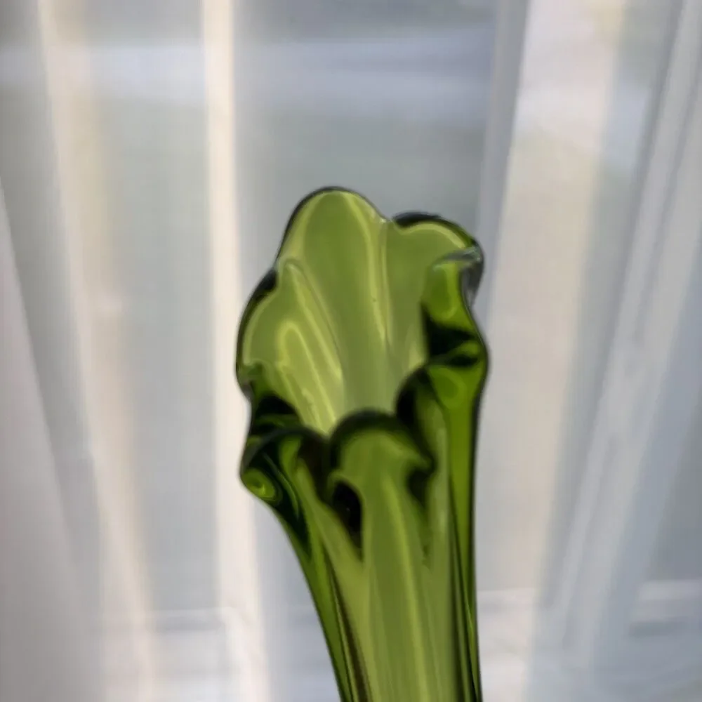 Mid-Century Modern Green Swung Glass Vase, 10”